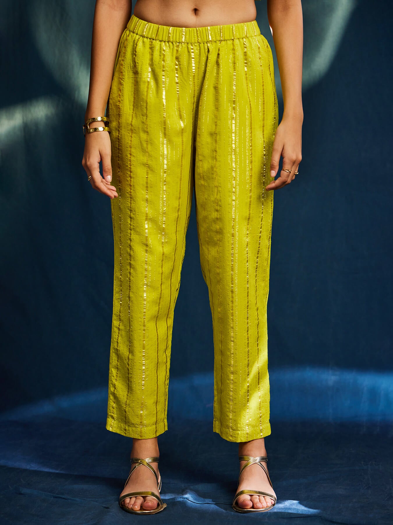 Sleeveless Gold Striped Lurex A-line Kurta Set - Lime