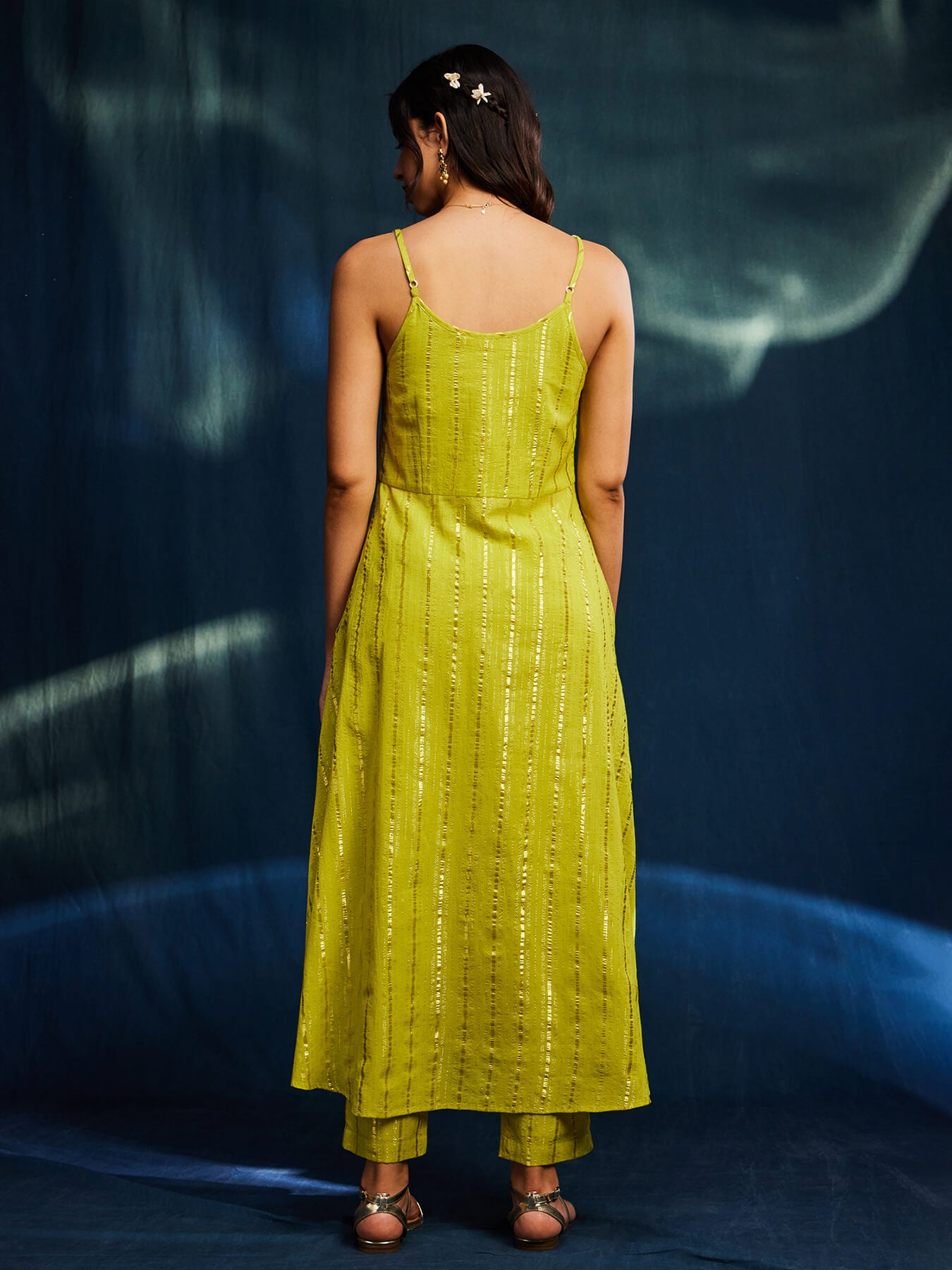 Sleeveless Gold Striped Lurex A-line Kurta Set - Lime