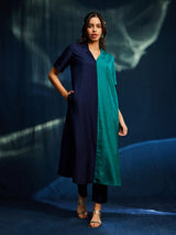 Colour Block Silk Blend A-line Kurta Set - Blue & Teal