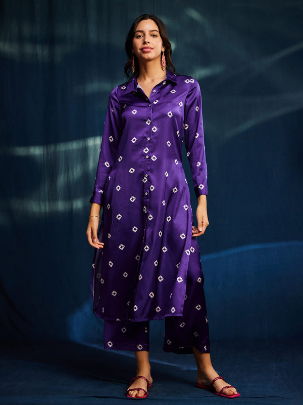 Satin Bandhani Straight Kurta Set - Purple