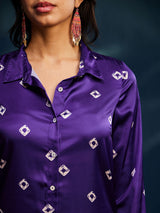 Satin Bandhani Straight Kurta Set - Purple