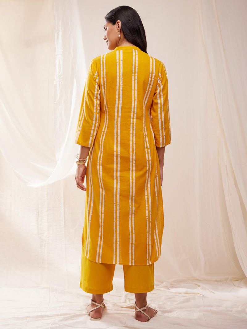 Cotton Dabu Handblock Striped Kurta Set - Yellow