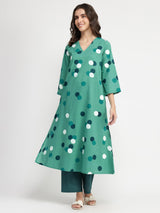 Cotton Polka Print A-Line Kurta Set - Teal