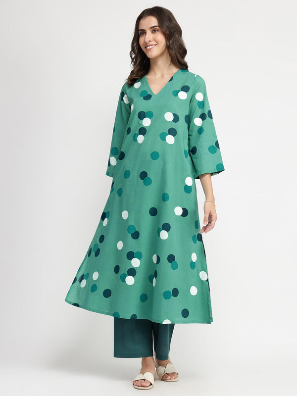 Cotton Polka Print A-Line Kurta Set - Teal