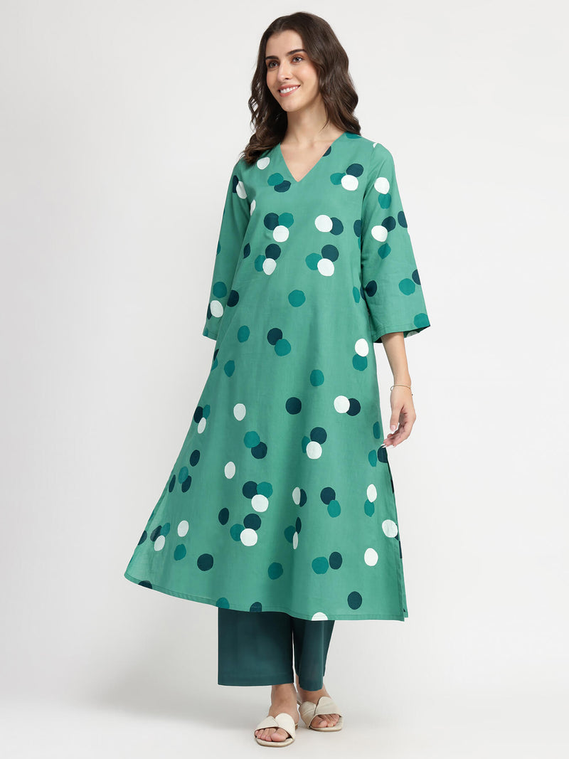 Cotton Polka Print A-Line Kurta Set - Teal