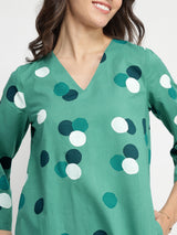 Cotton Polka Print A-Line Kurta Set - Teal