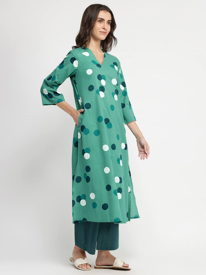 Cotton Polka Print A-Line Kurta Set - Teal
