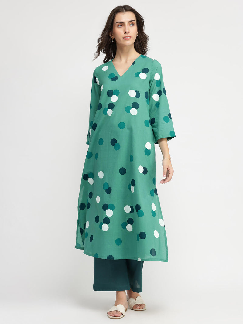 Cotton Polka Print A-Line Kurta Set - Teal