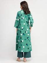 Cotton Polka Print A-Line Kurta Set - Teal