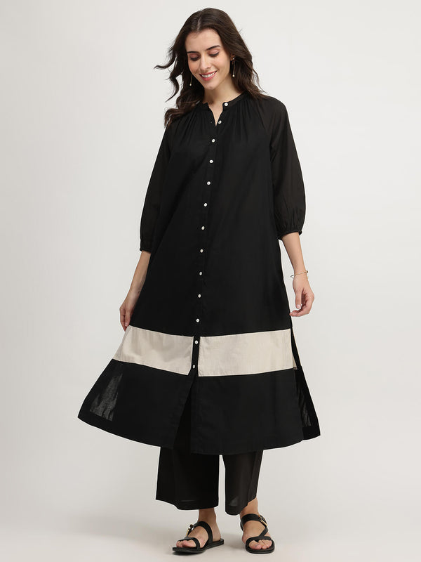 Cotton Colourblock Buttoned Kurta Set - Black & Off-White