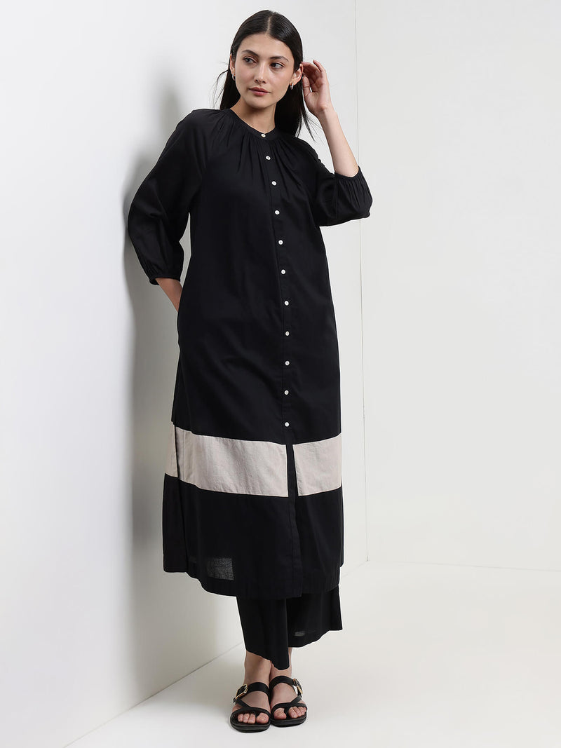 Cotton Colourblock Buttoned Kurta Set - Black & Off-White