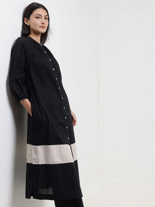 Cotton Colourblock Buttoned Kurta Set - Black & Off-White