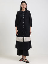 Cotton Colourblock Buttoned Kurta Set - Black & Off-White