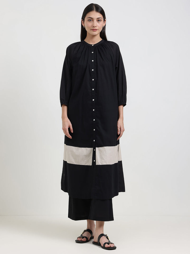 Cotton Colourblock Buttoned Kurta Set - Black & Off-White