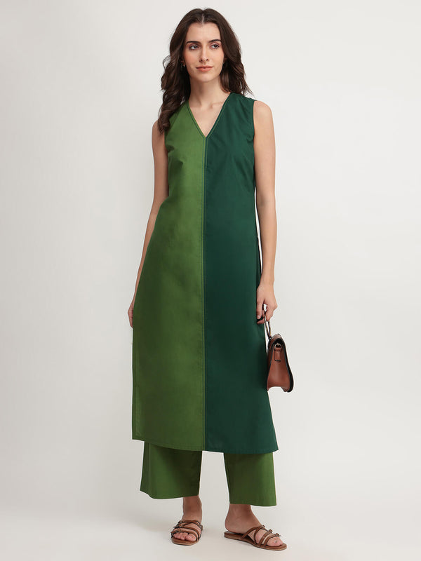 Cotton Colourblock Sleeveless Kurta Set - Green
