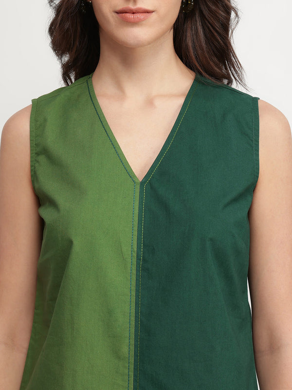 Cotton Colourblock Sleeveless Kurta Set - Green