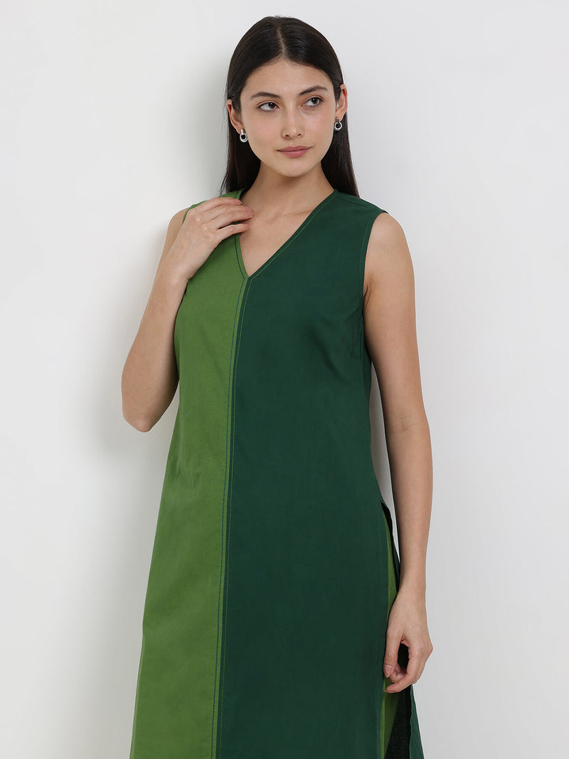 Cotton Colourblock Sleeveless Kurta Set - Green