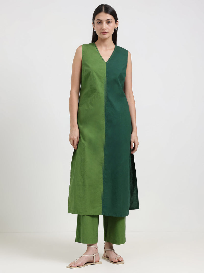 Cotton Colourblock Sleeveless Kurta Set - Green