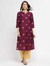 Silk Blend Floral Kurta Set - Maroon & Gold