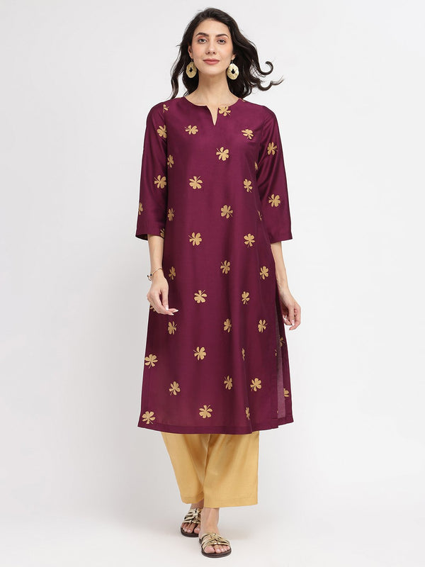 Silk Blend Floral Kurta Set - Maroon & Gold