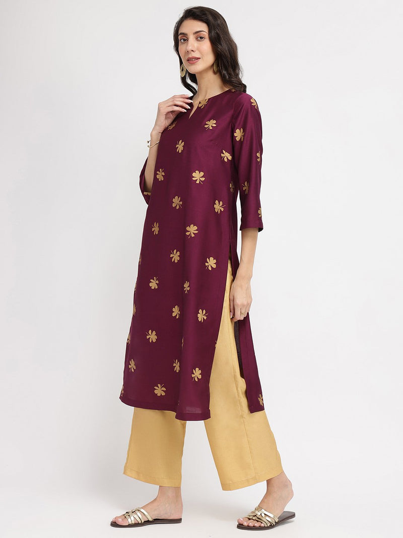 Silk Blend Floral Kurta Set - Maroon & Gold