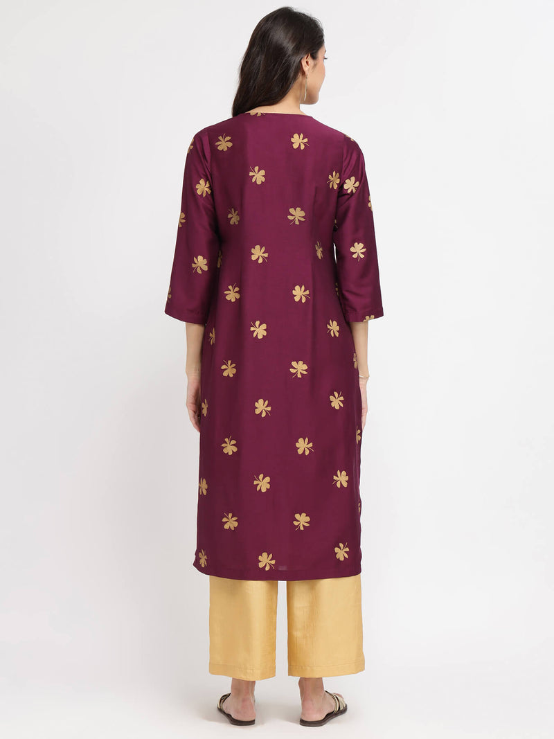 Silk Blend Floral Kurta Set - Maroon & Gold