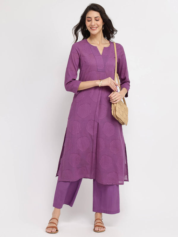 Cotton Jacquard Floral Kurta Set - Purple