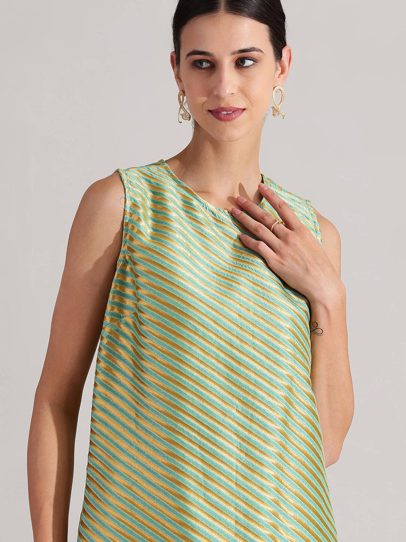 Brocade Striped Sleeveless Kurta Set - Green & Gold