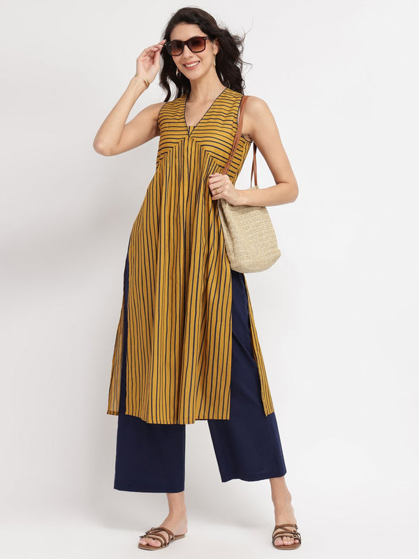 Cotton Striped A-Line Kurta Set - Yellow & Blue