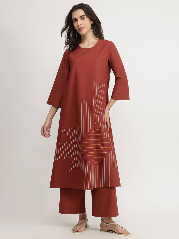 Cotton Geometric Print Kurta Set - Rust