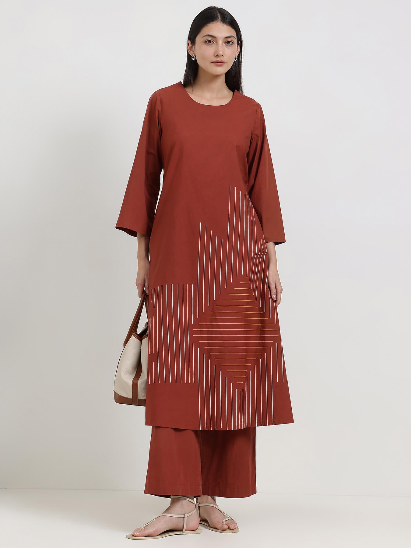Cotton Geometric Print Kurta Set - Rust