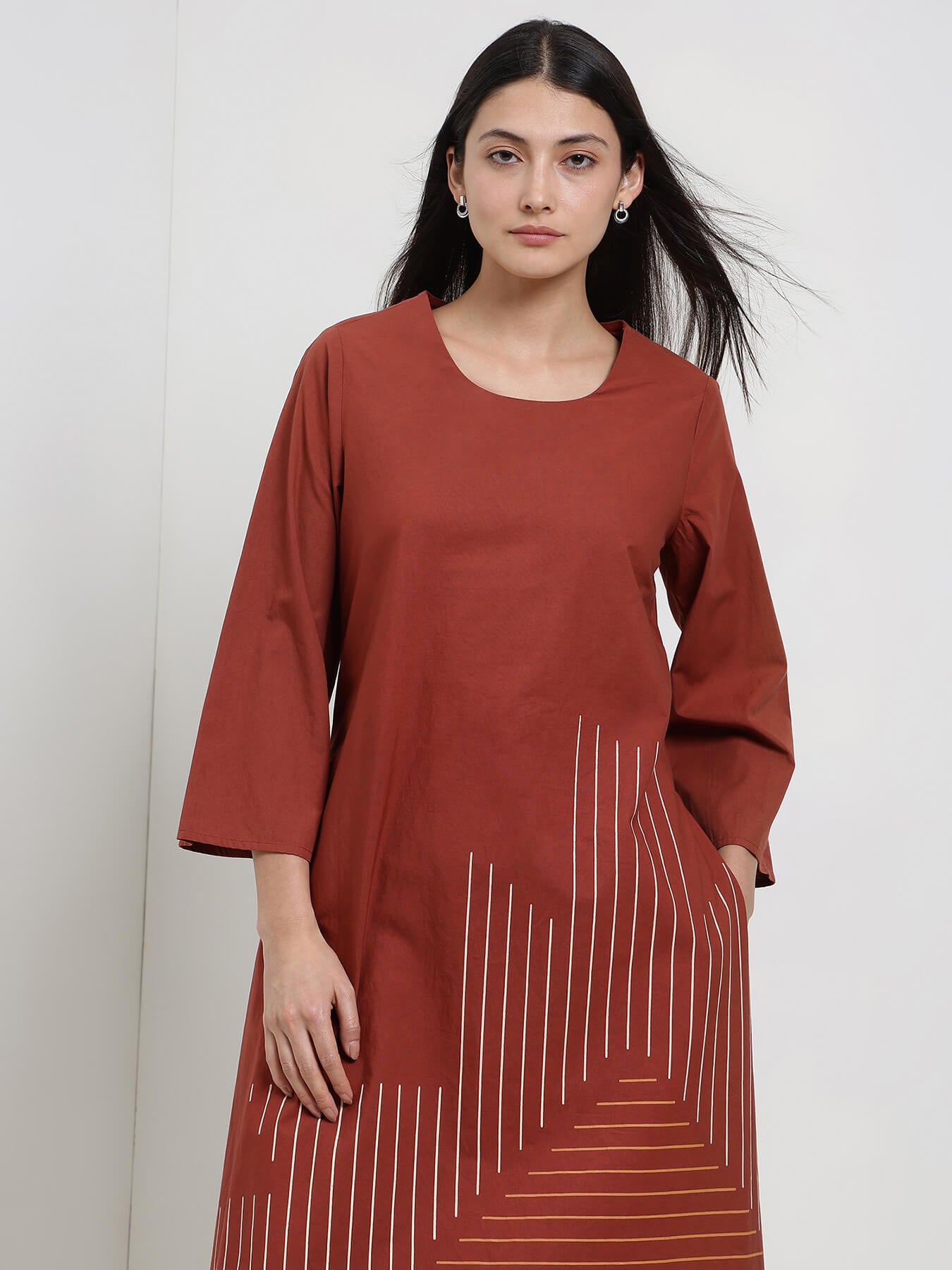 Cotton Geometric Print Kurta Set - Rust