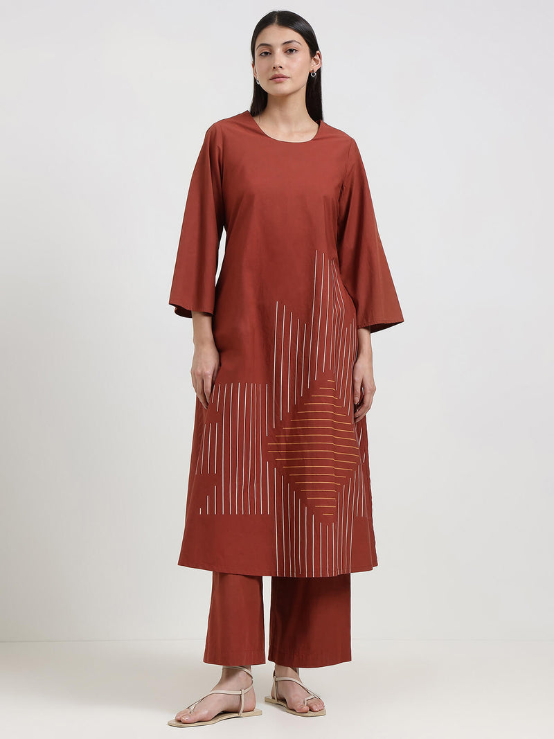 Cotton Geometric Print Kurta Set - Rust