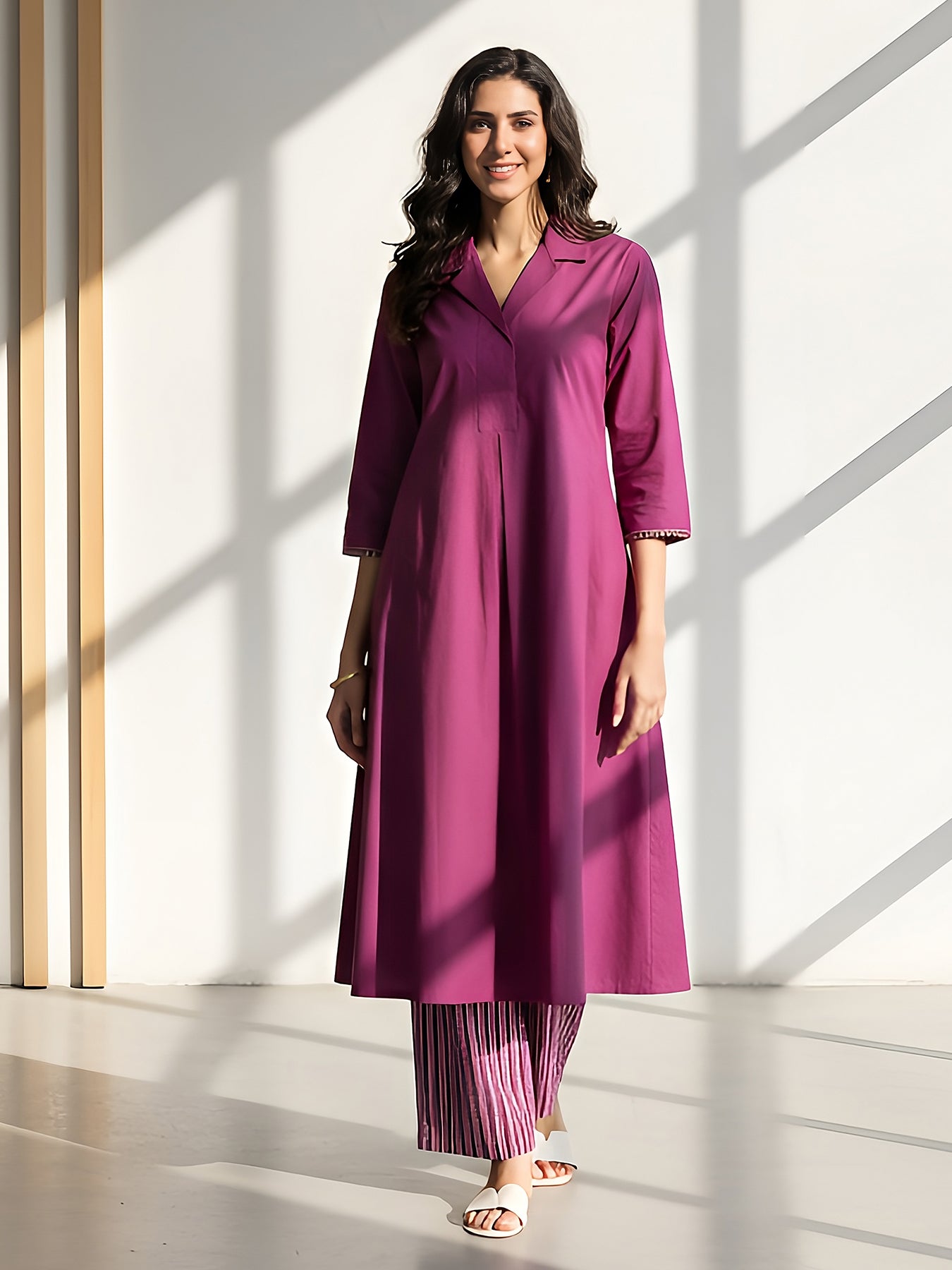 Cotton Solid & Striped Kurta Set - Magenta