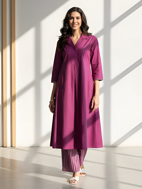 Cotton Solid & Striped Kurta Set - Magenta