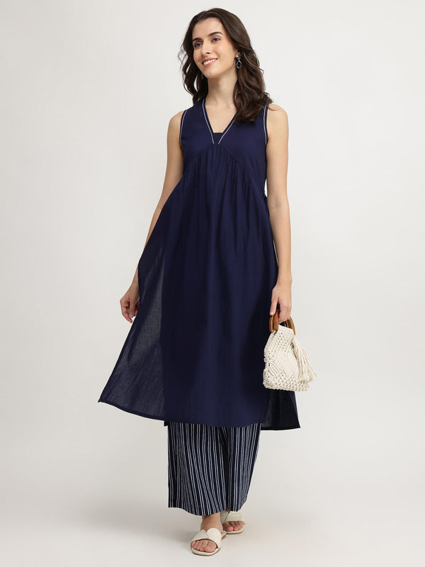 Cotton Solid & Striped Kurta Set - Navy Blue