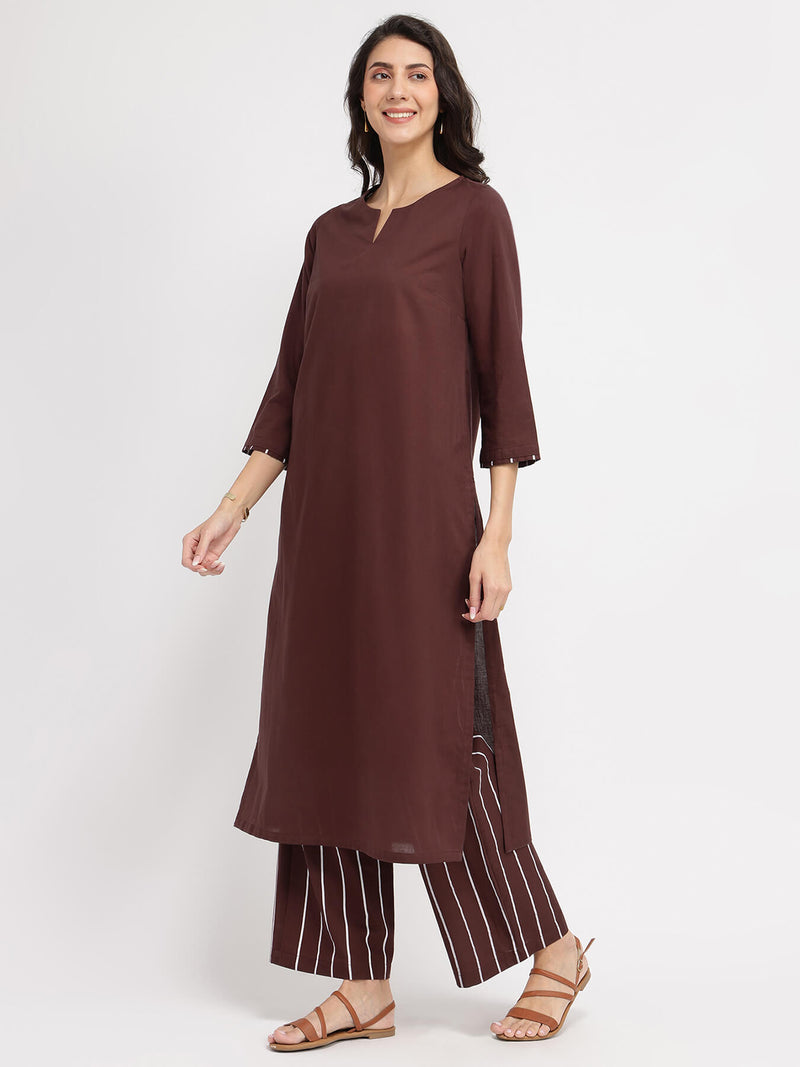 Cotton Solid & Striped Kurta Set - Brown