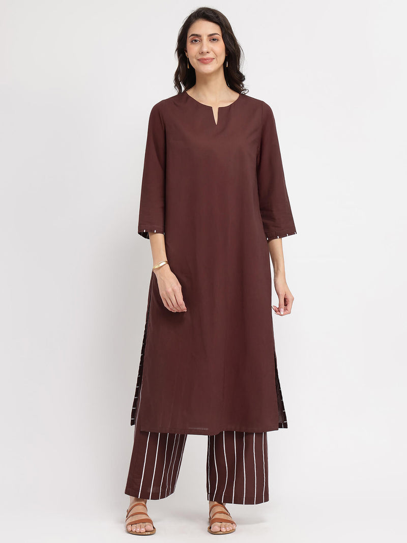 Cotton Solid & Striped Kurta Set - Brown