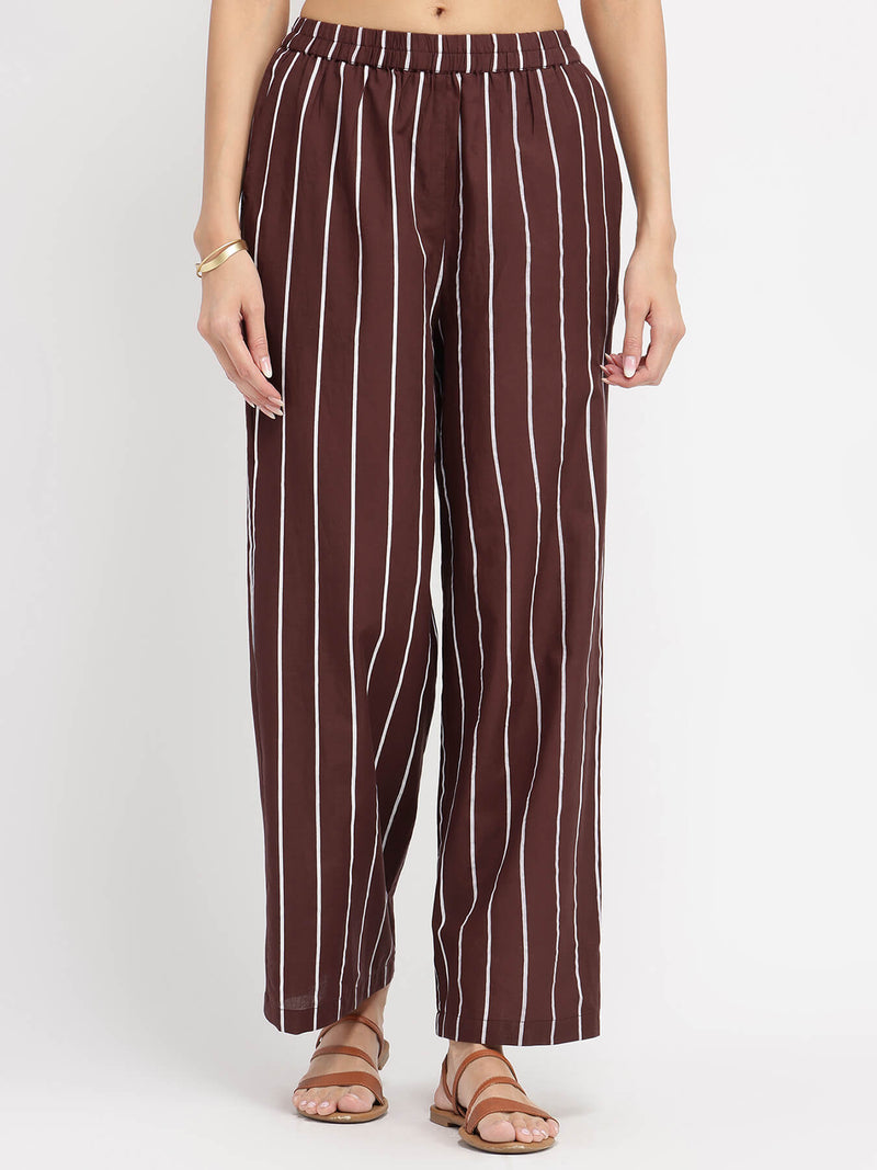 Cotton Solid & Striped Kurta Set - Brown