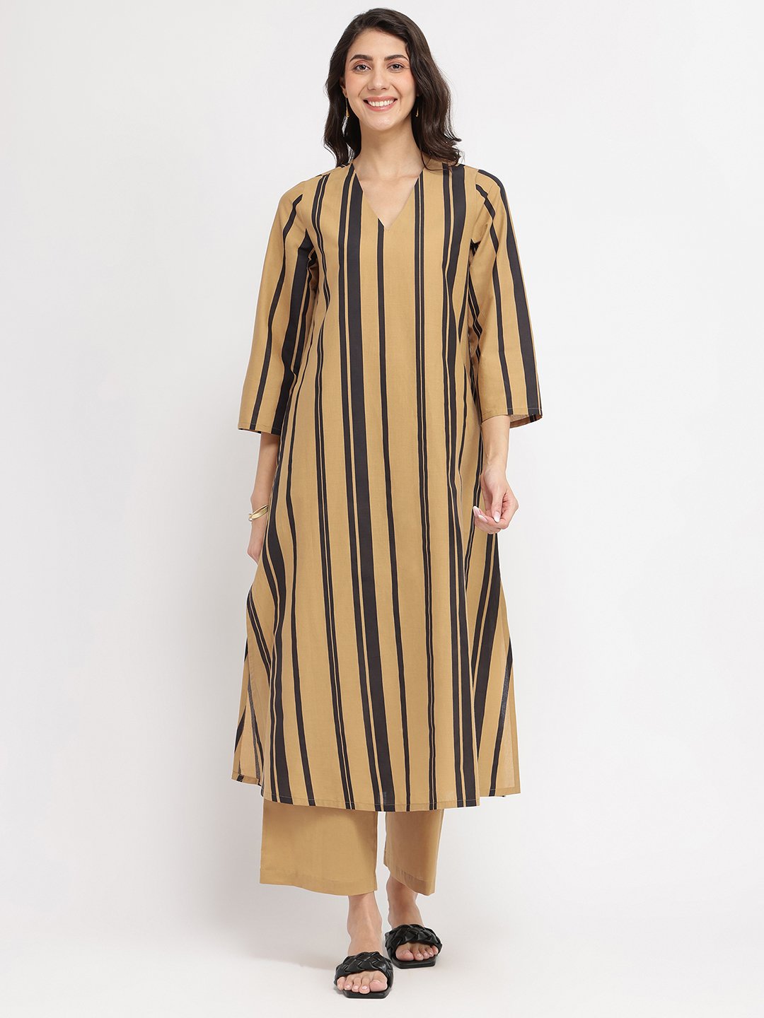 Cotton Striped & Solid Kurta Set - Mustard & Black