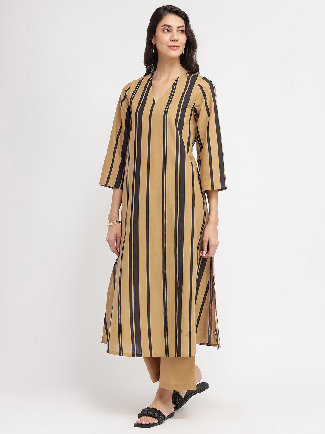 Cotton Striped & Solid Kurta Set - Mustard & Black