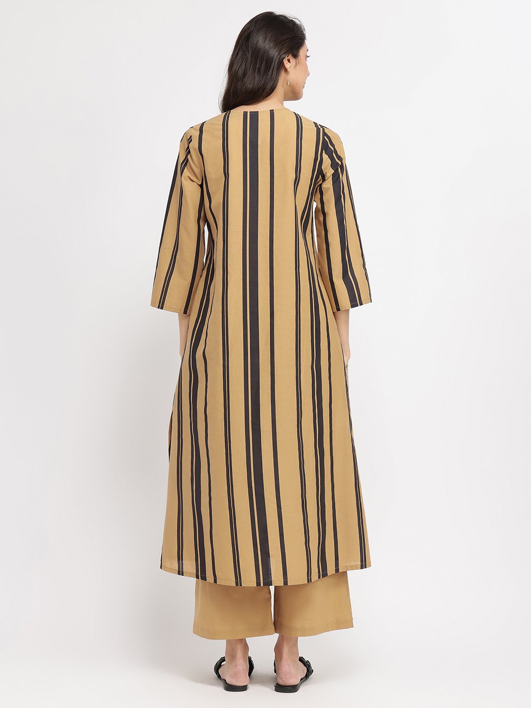 Cotton Striped & Solid Kurta Set - Mustard & Black