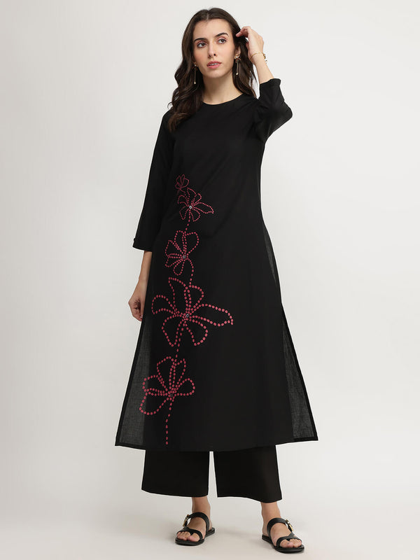Cotton Floral Placement Print Kurta Set - Black & Pink