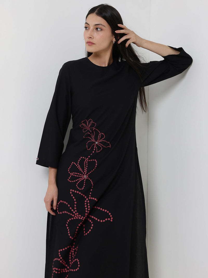 Cotton Floral Placement Print Kurta Set - Black & Pink
