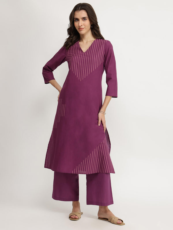 Cotton Geometric Print Kurta Set - Purple