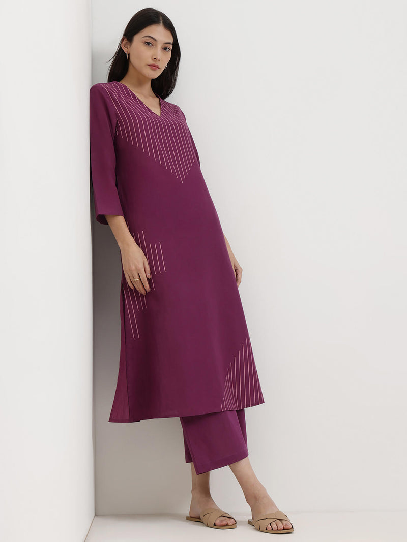 Cotton Geometric Print Kurta Set - Purple