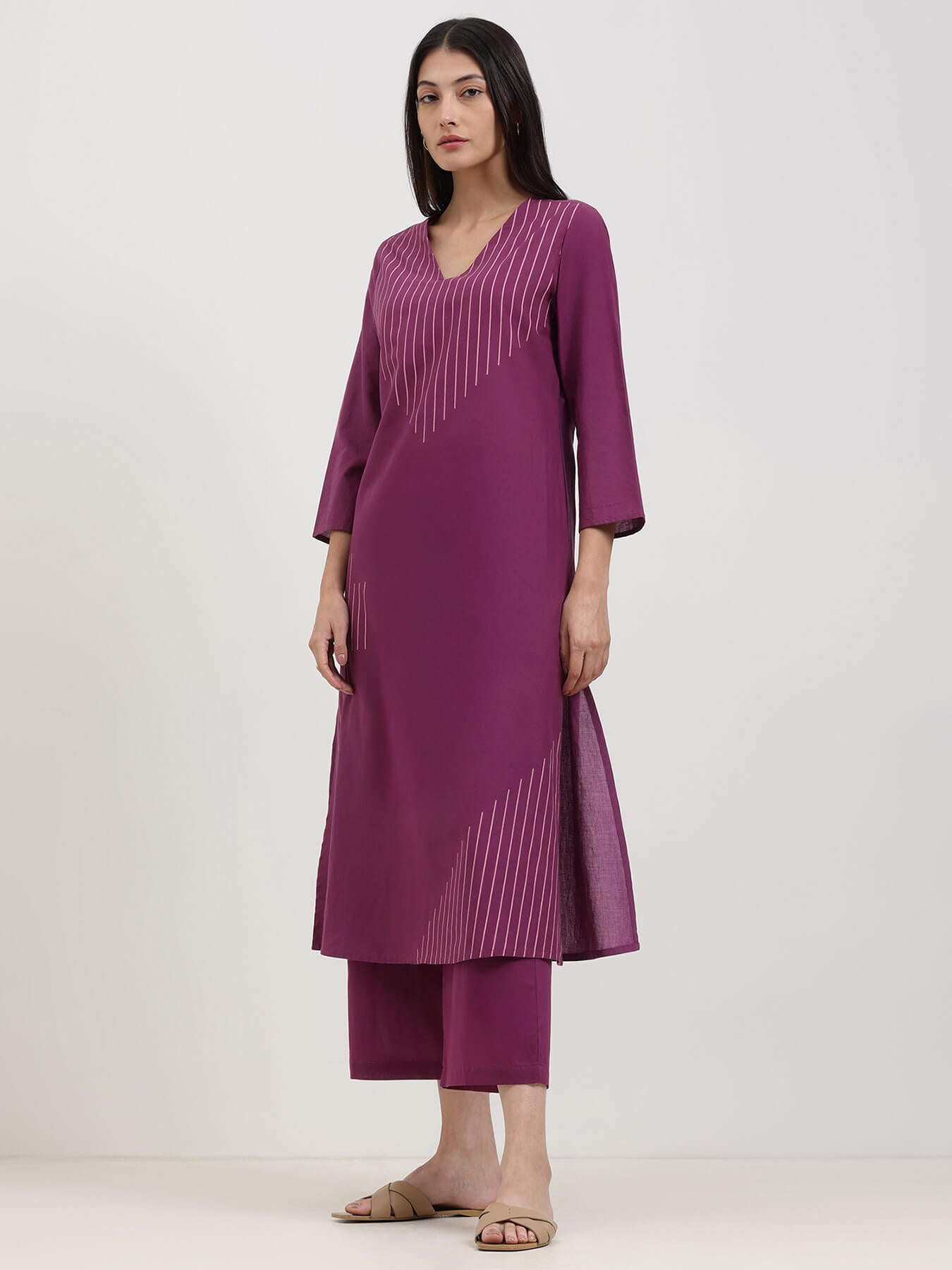 Cotton Geometric Print Kurta Set - Purple