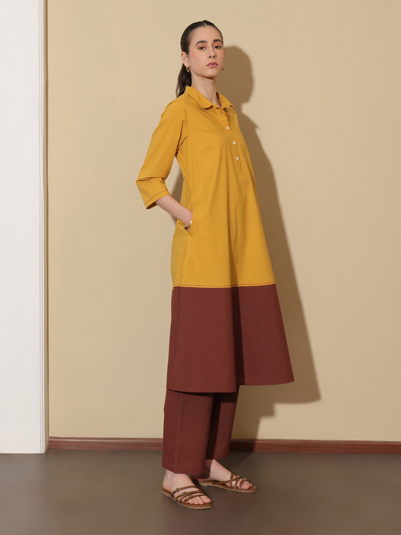 Cotton Colourblock A-Line Kurta Set - Mustard & Brown