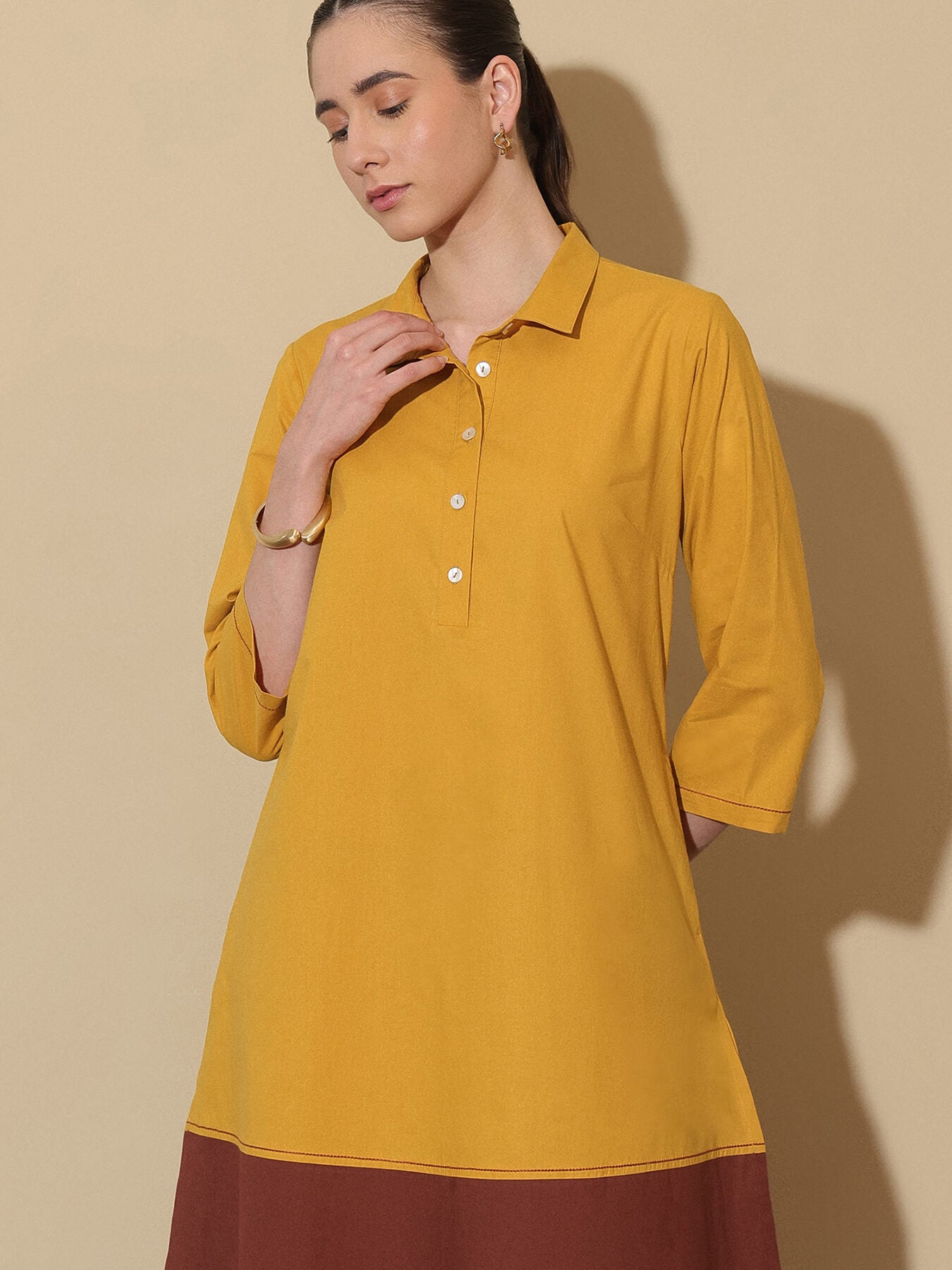 Cotton Colourblock A-Line Kurta Set - Mustard & Brown