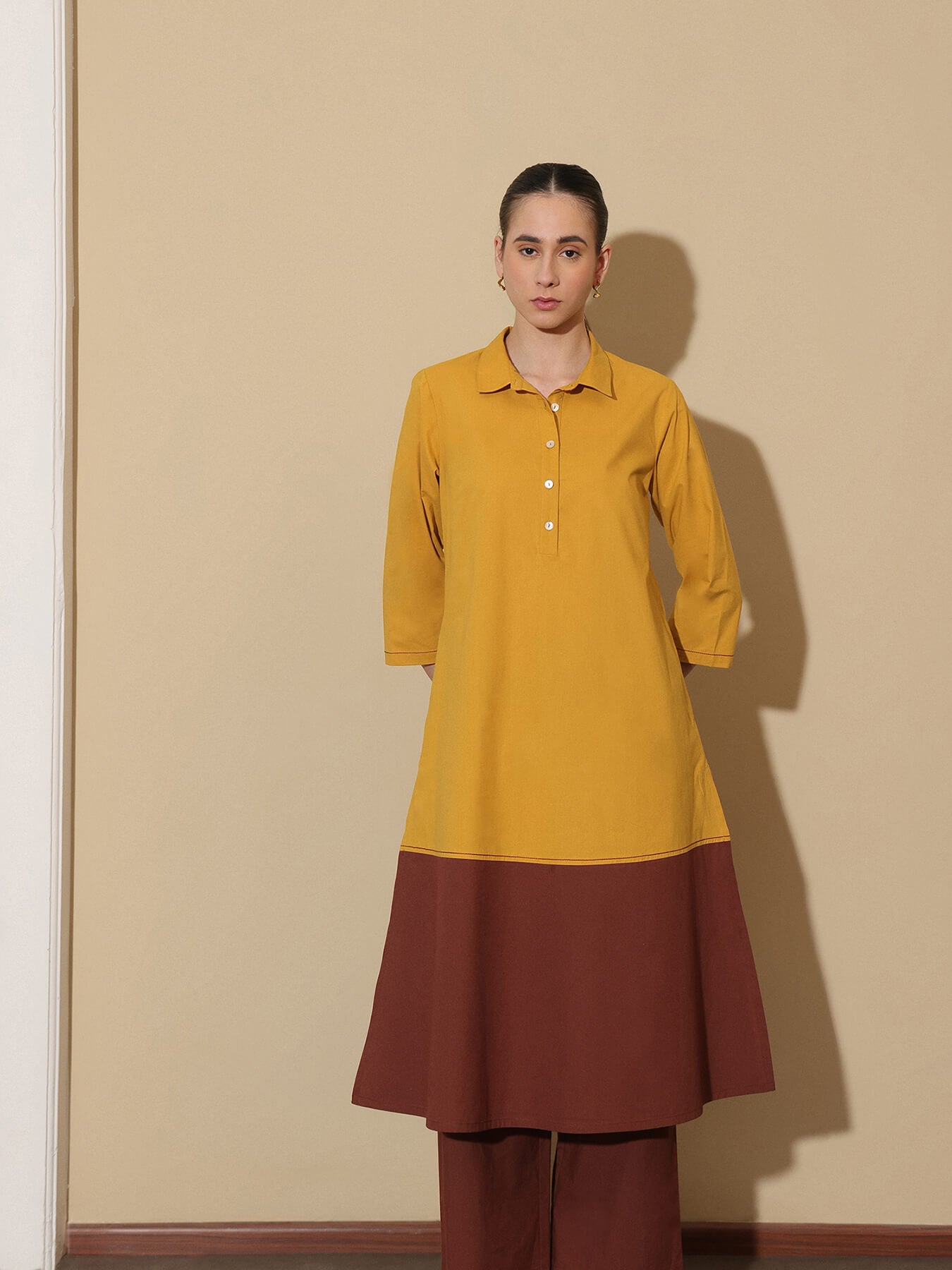 Cotton Colourblock A-Line Kurta Set - Mustard & Brown